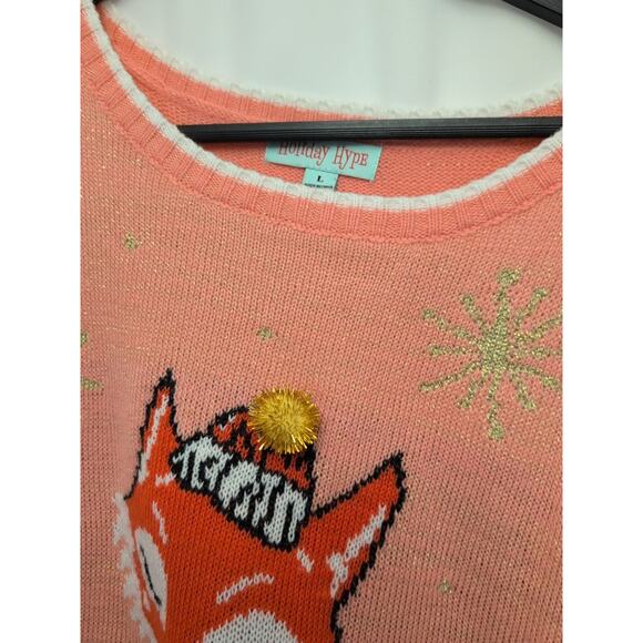 Holiday Hype L pink fox in argyle sparkle thread holiday sweater super cute! - Picture 4 of 6